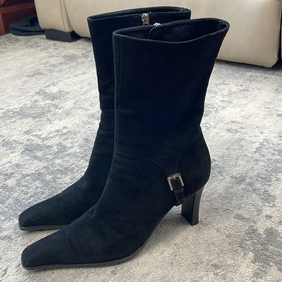 Sergio Rossi 80mm Black Suede Booties Squared Pointed Toe Buckle Sz 39.5 - Picture 5 of 15